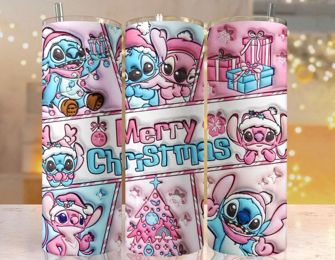 Inflated pink and blue Stitch christmas Tumbler 20oz