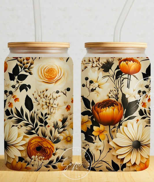 Fall Flowers frosted glass cup