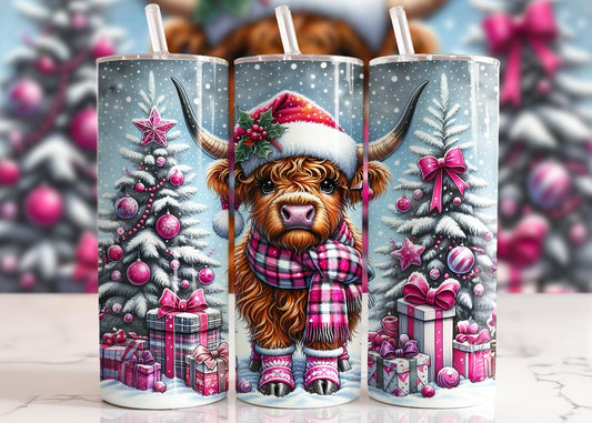 Pink Christmas Highland Cow Tumbler 20oz